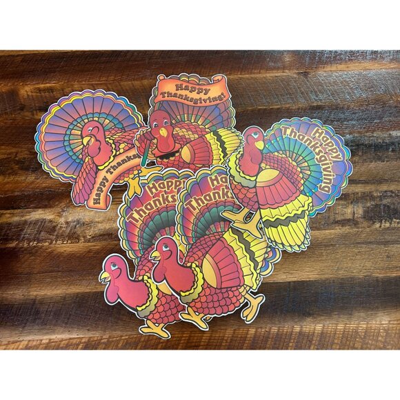 Vintage 1980's Thanksgiving Turkey Window Wall Decor Set Of 7 - Picture 5 of 9